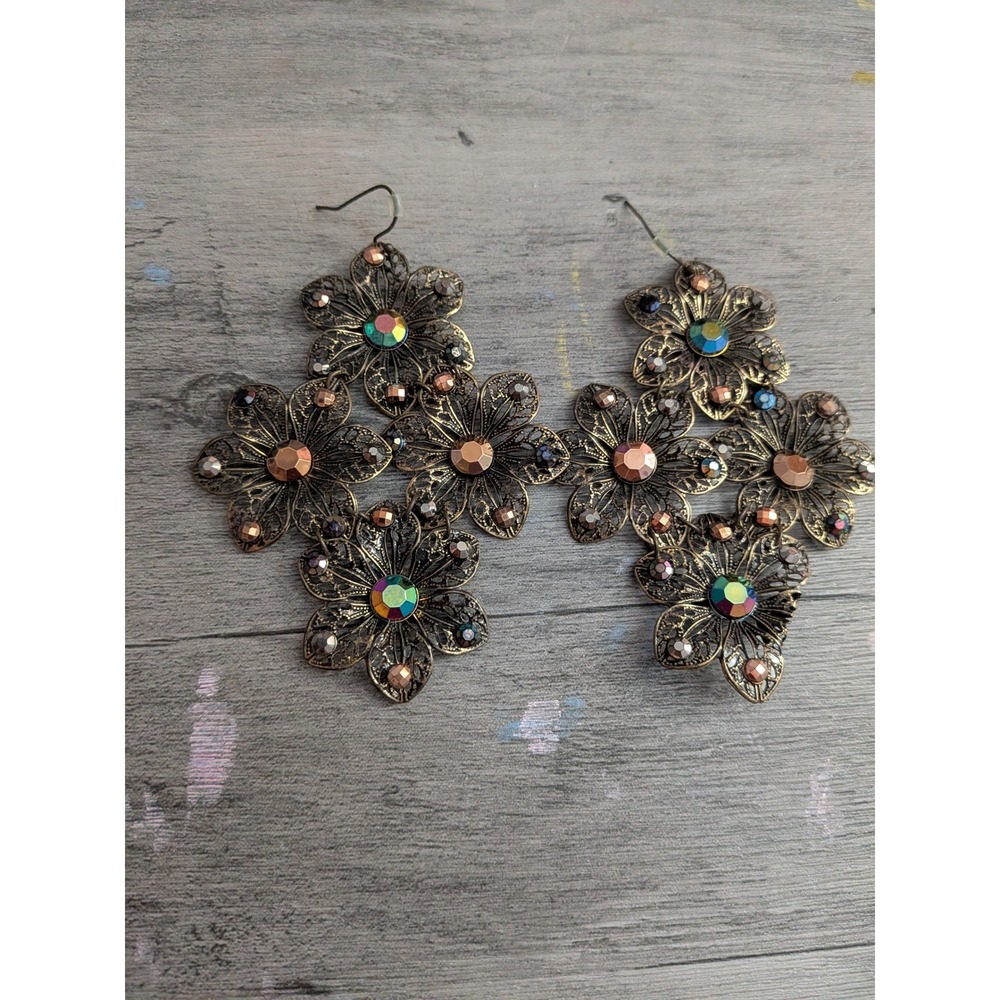 Vintage Bronze Filigree Flower Drop Earrings Iridescent Rhinestone Statement